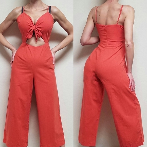LÁTISTE Coral Cotton Knit Tie-Front Spaghetti Strap Ankle Cropped Jumpsuit L - Picture 1 of 13